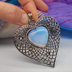 Moonstone Large Heart Big Silver Pendant Blue Stone Boho Heart Jewelry